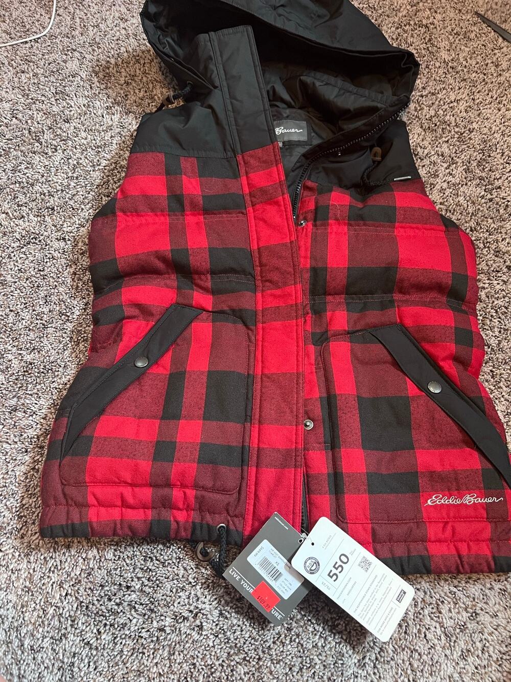 Eddie Bauer red and black buffalo plaid hooded down puffer vest  nwt 150$